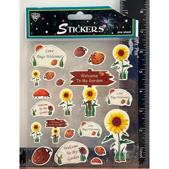 NICOLE STK196 WELCOME TO MY GARDEN SET OF STICKERS SUNFLOWER LADYBUG - Picture 2 of 3